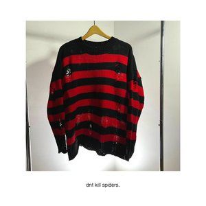 Black and Red Striped Distressed Crewneck Sweater